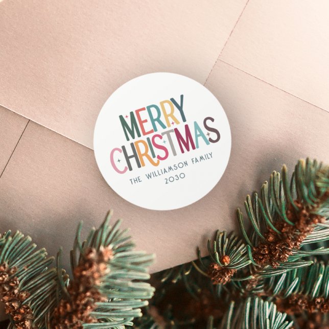 Colourful Merry Christmas Cute Retro Stars Classic Round Sticker (Creator Uploaded)