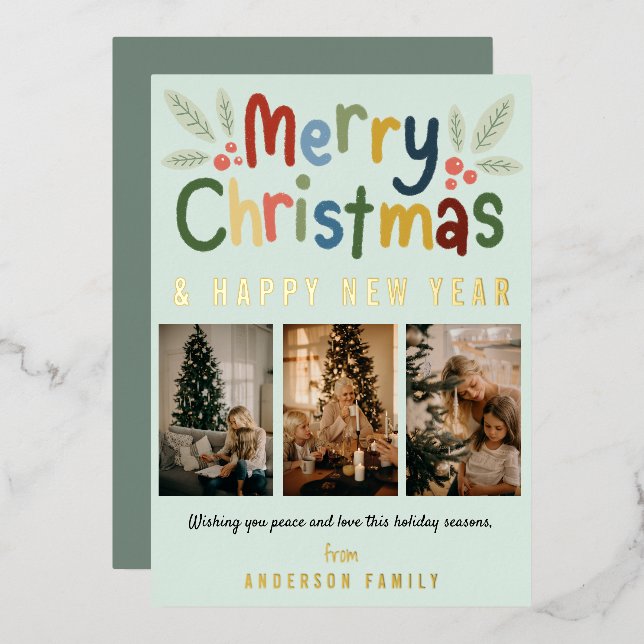 Colourful Merry Christmas Family Photo Green Foil Holiday Card (Front/Back)