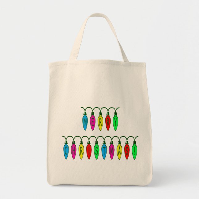 Colourful Merry Christmas Lights Font Tote Bag (Front)