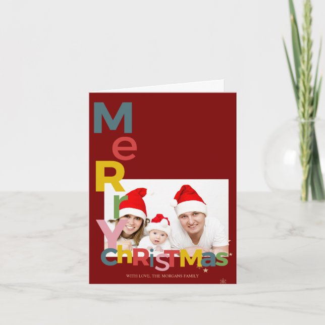 Colourful Merry Christmas Red Photo Note Card (Front)