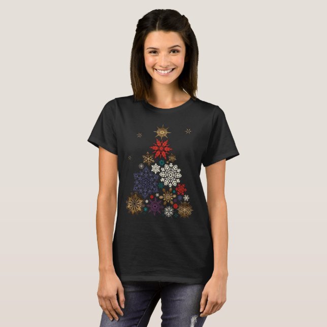 Colourful Merry Christmas Snowflake Tree festive T-Shirt (Front Full)
