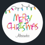 Colourful Merry Christmas Tree Lights  Classic Round Sticker<br><div class="desc">Add a special touch to your Christmas presents or holiday envelopes with these cute and colourful  stickers. Easy to personalise them with your name.</div>