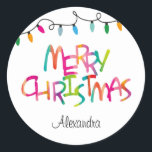 Colourful Merry Christmas Tree Lights  Classic Round Sticker<br><div class="desc">Add a special touch to your Christmas presents or holiday envelopes with these cute and colourful  stickers. Easy to personalise them with your name.</div>