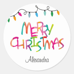 Colourful Merry Christmas Tree Lights  Classic Round Sticker