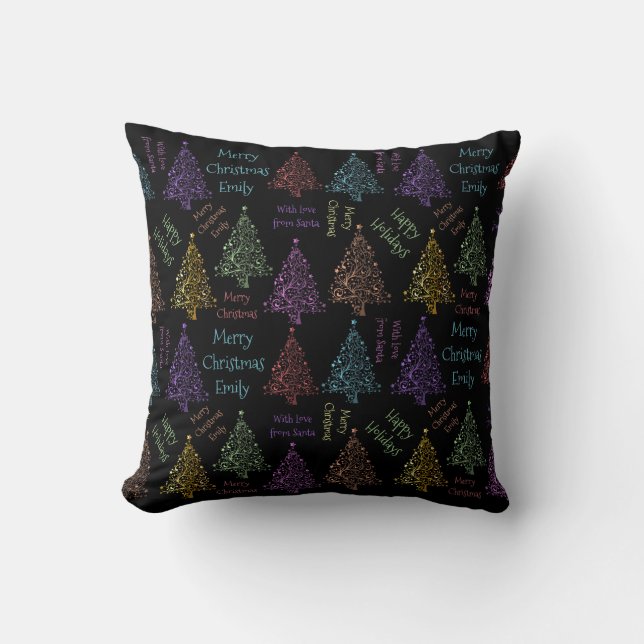 Colourful Merry Christmas Tree Pattern Add Name Cushion (Front)