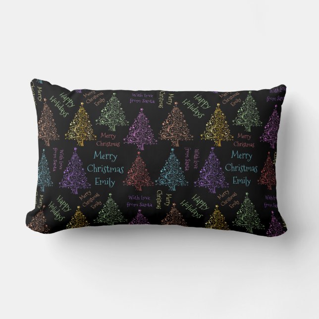 Colourful Merry Christmas Tree Pattern Add Name Lumbar Cushion (Front)