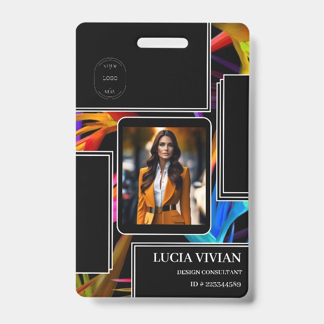 Colourful Messy Black Tropical Photo Employee Name ID Badge (Front)