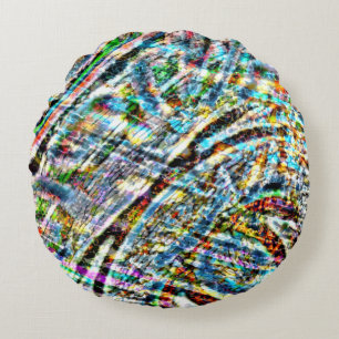 Colourful messy with patches of vibrant colours th round cushion