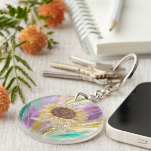 Colourful Metallic Floral Background With Sunflowe Key Ring