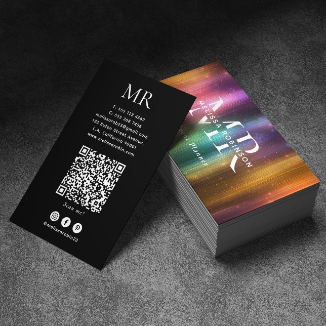 Colourful Metallic Glitter QR Code and Monogram Business Card (Creator Uploaded)