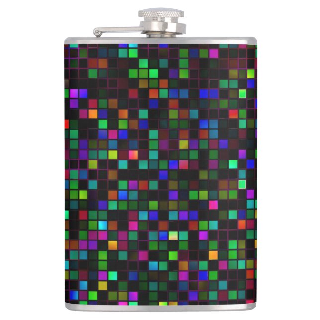 Colourful 'Meteor Shower' Squares Pattern Hip Flask (Front)