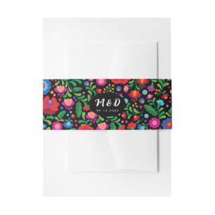 Colourful Mexican Embroidery Monogram Wedding Blac Invitation Belly Band