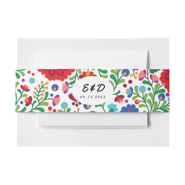 Colourful Mexican Embroidery Monogram Wedding  Invitation Belly Band (Front Example)