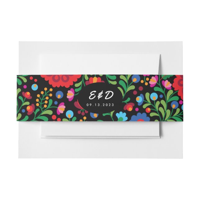 Colourful Mexican Embroidery Monogram Wedding  Invitation Belly Band (Front Example)