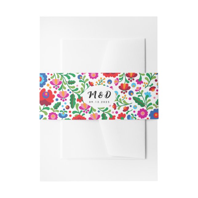 Colourful Mexican Embroidery Monogram Wedding Whit Invitation Belly Band (Front Example)