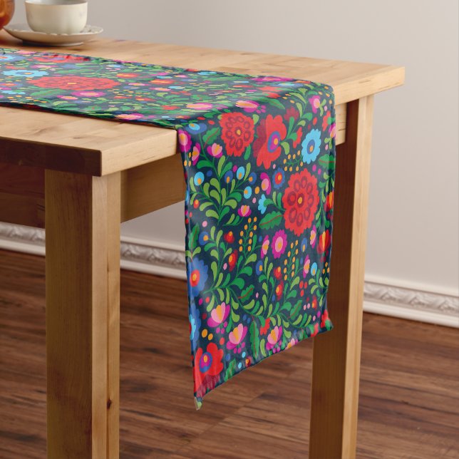 Colourful Mexican Embroidery Pattern on Navy Blue Medium Table Runner (In Situ)