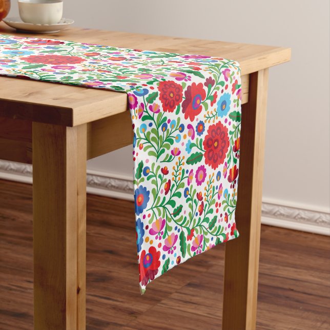 Colourful Mexican Embroidery Pattern on Navy Blue Medium Table Runner (In Situ)