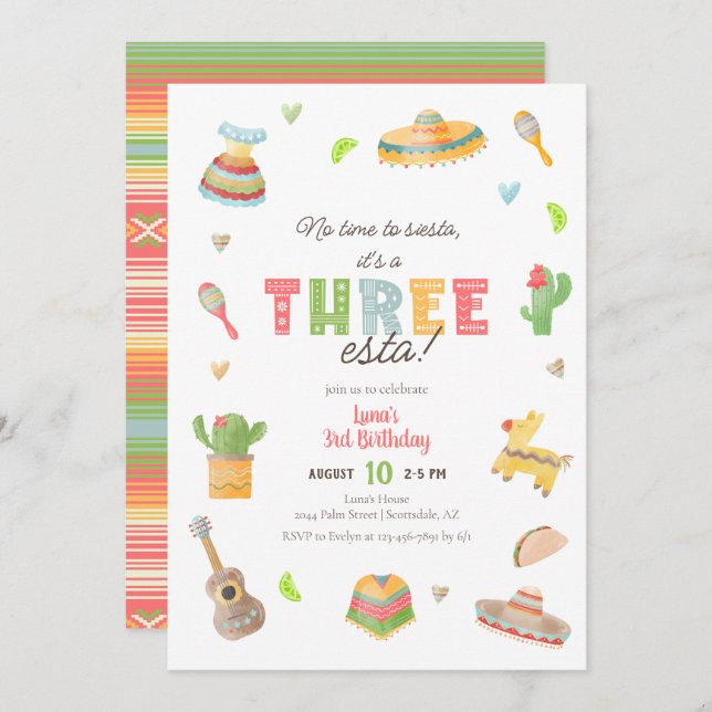 Colourful Mexican Fiesta 3rd Birthday Invitation (Front/Back)