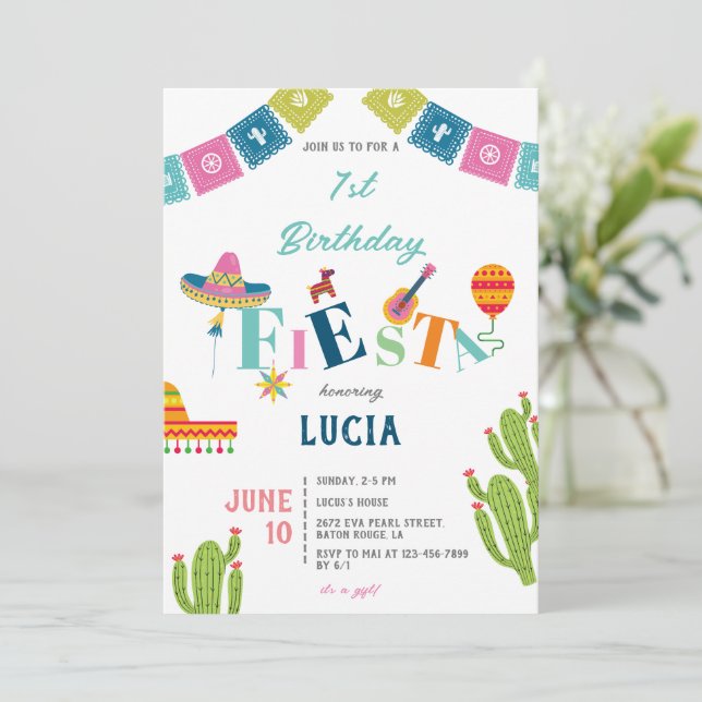 Colourful Mexican Fiesta Cactus 1st Birthday Invitation (Standing Front)