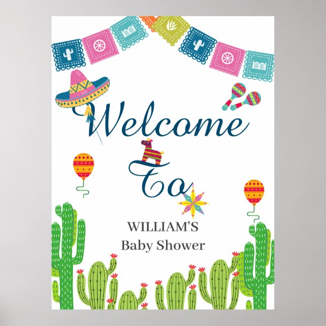 Colourful Mexican Fiesta Cactus Baby Shower Poster (Front)