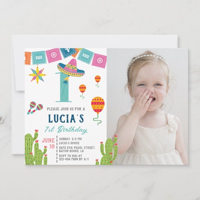 Colourful Mexican Fiesta Cactus Photo 1st Birthday Invitation (Front)