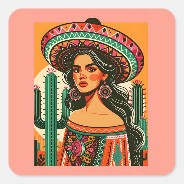 Colourful Mexican Fiesta Cactus Square Sticker (Front)