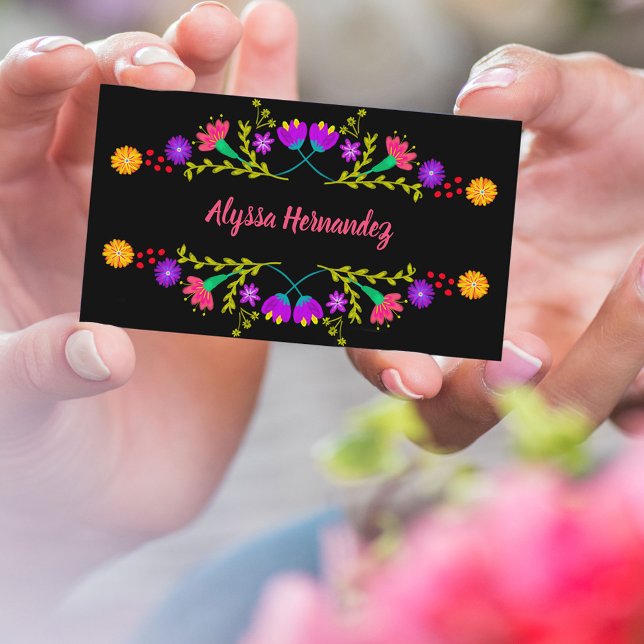 Colourful Mexican Fiesta Floral Black Business Car Card (Creator Uploaded)