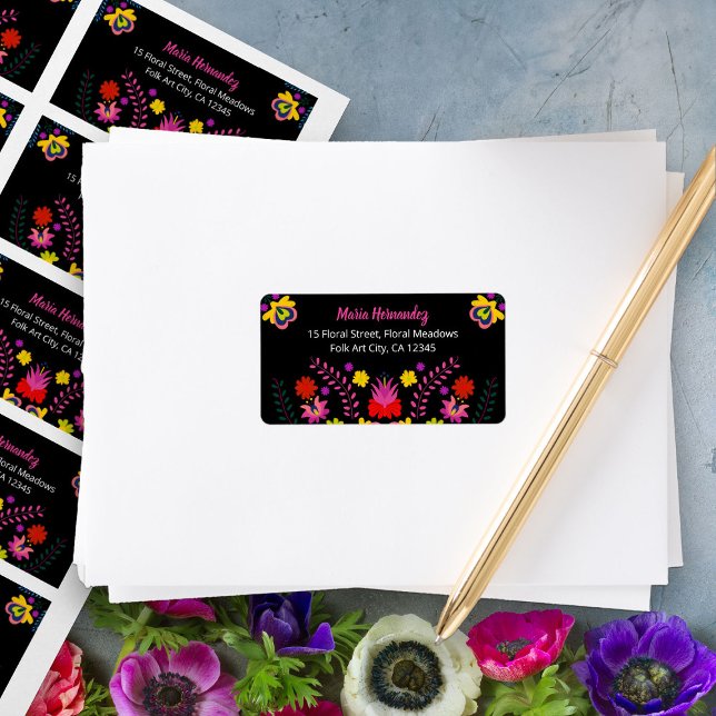 Colourful Mexican Fiesta Flowers Black Address Label (RSVP envelope address labels from my Mexican Fiesta Party Quinceanera Collection 
)
