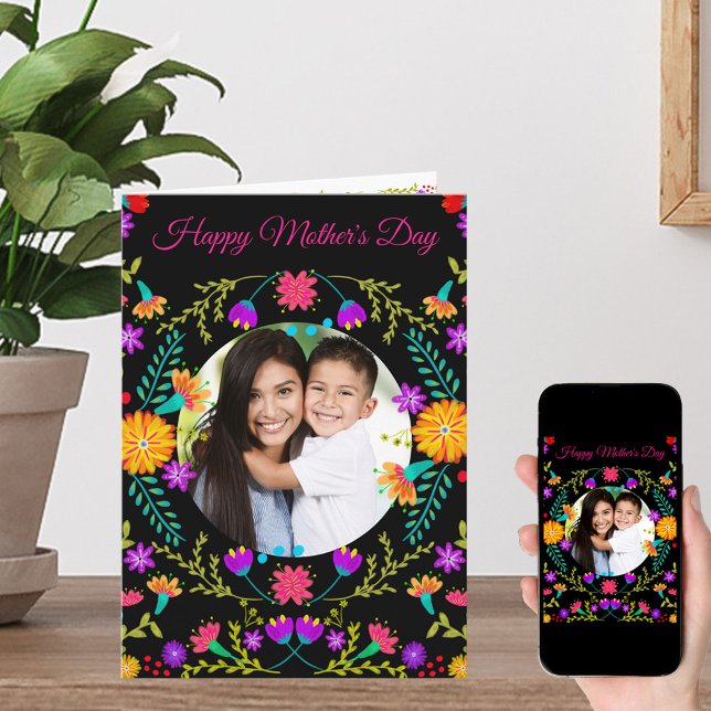 Colourful Mexican Fiesta Flowers Photo Mothers Day Card (Creator Uploaded)