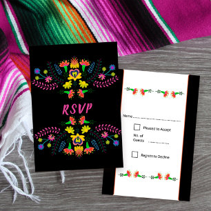 Colourful Mexican Fiesta Party Flowers Black RSVP Card
