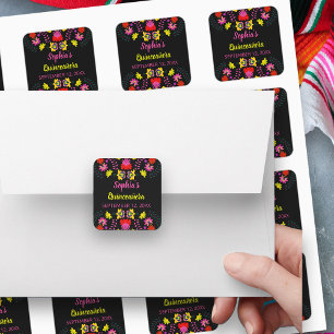 Colourful Mexican Fiesta Party Flowers Black Square Sticker