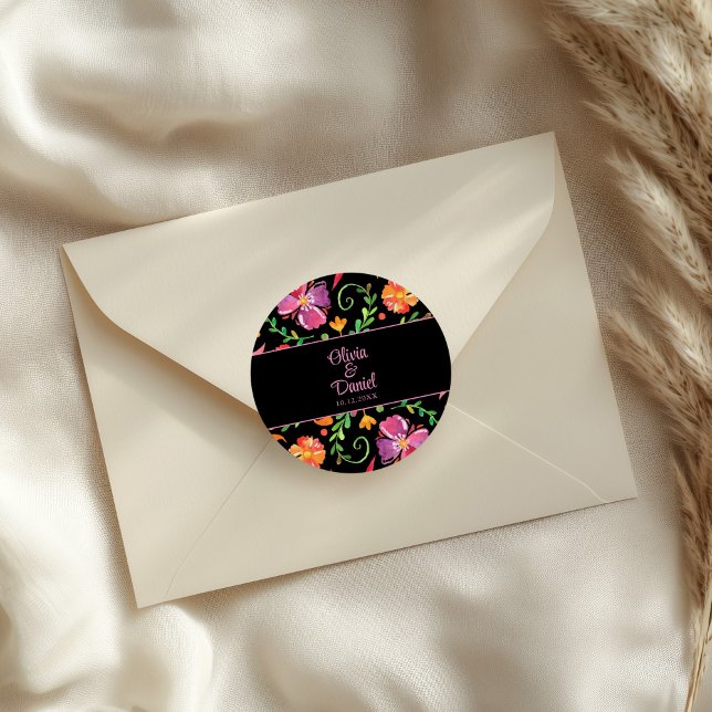 Colourful Mexican Floral Fiesta Wedding  Classic Round Sticker (Colorful Mexican Floral Fiesta Wedding Classic Round Sticker on an elegant wedding envelope.)