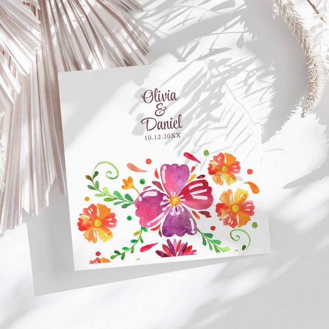 Colourful Mexican Floral Fiesta Wedding  Napkin (Colorful Mexican Floral Fiesta Wedding Paper Dinner Napkins on a sunny white table.)