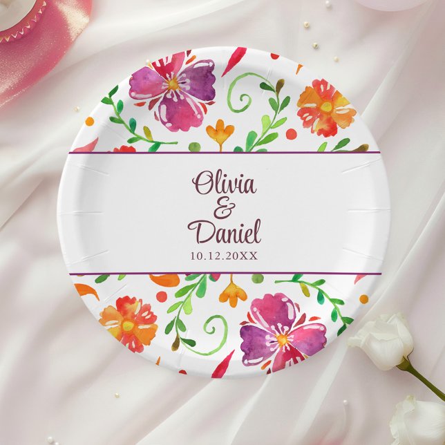 Colourful Mexican Floral Fiesta Wedding  Paper Plate (Colorful Mexican Floral Fiesta Wedding Paper Plates on a table with a white rose.)
