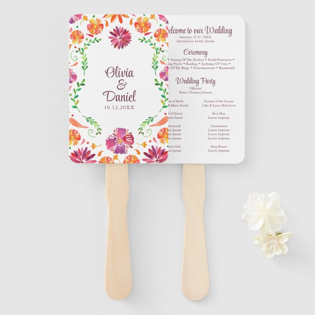 Colourful Mexican Floral Fiesta Wedding Program Hand Fan (Front and Back)