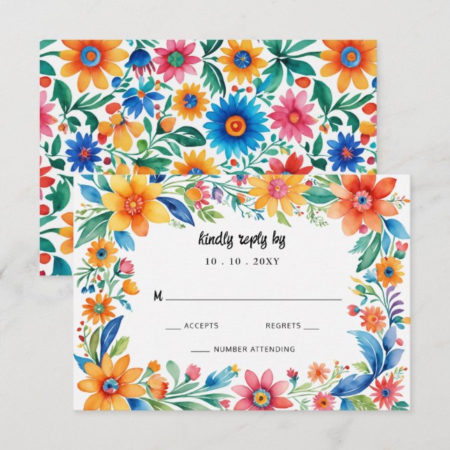 Colourful Mexican Floral Fiesta Wedding RSVP Card (Front/Back)
