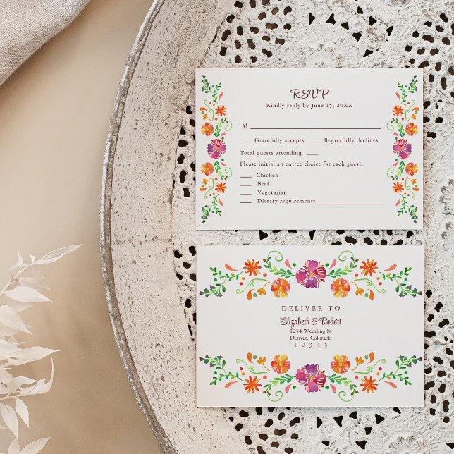 Colourful Mexican Floral Fiesta Wedding RSVP Card (Colorful Mexican Floral Fiesta Wedding RSVP Card on a neutral boho wedding table.)