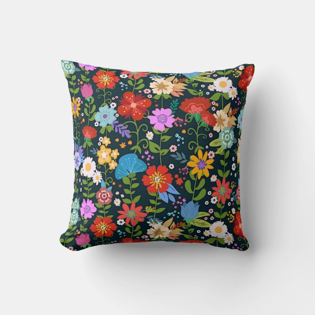 Colourful Mexican Floral Folk Art Cushion (Front)