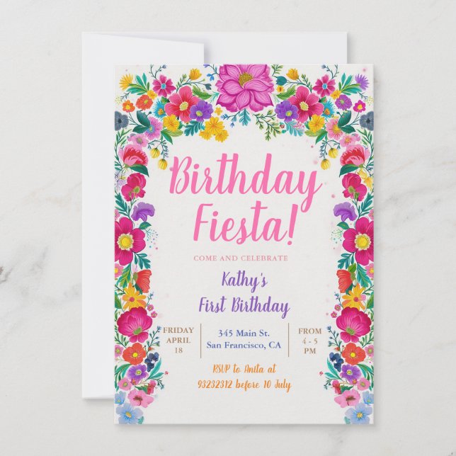 Colourful Mexican Flower Fiesta 1st Birthday Party Invitation (Front)