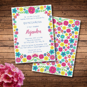 Colourful Mexican flowers quinceañera invitation