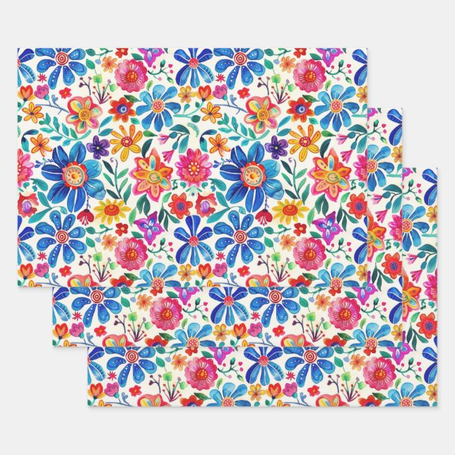 Colourful Mexican Flowers Wrapping Paper Sheet (Set)