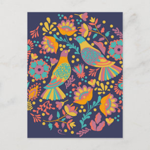 Colourful Mexican Folk Art Birds and Flowers Blue Postcard