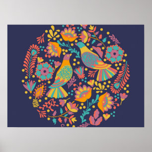 Colourful Mexican Folk Art Birds and Flowers Blue Poster