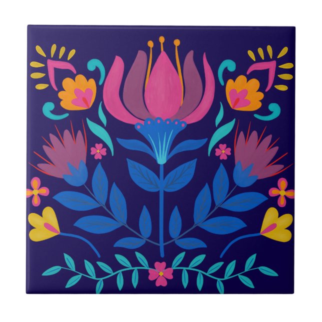 Colourful Mexican Folk Art Floral Ceramic Tile (Front)