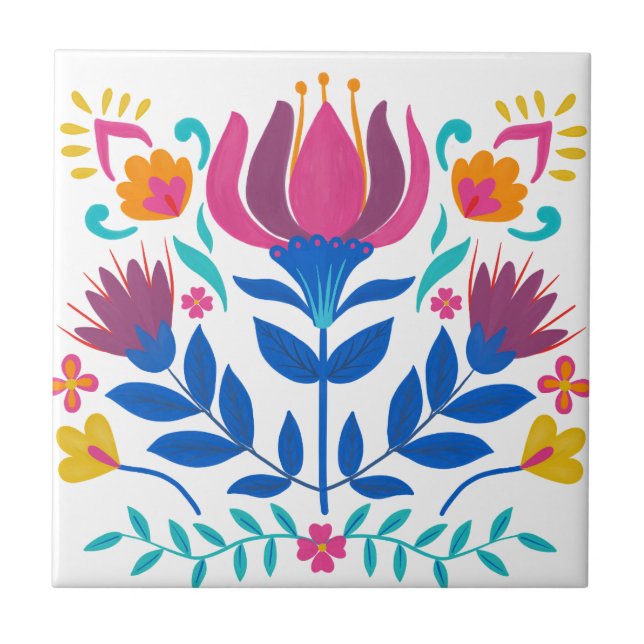 Colourful Mexican Folk Art Floral Ceramic Tile (Front)