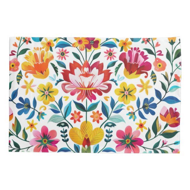 Colourful Mexican Folk Art Floral Pillowcase (Back)