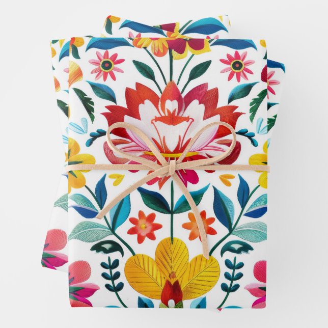 Colourful Mexican Folk Art Floral Wrapping Paper Sheet (In situ)