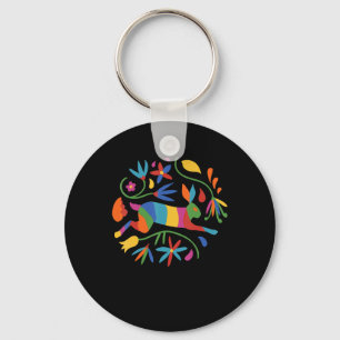 Colourful Mexican Otomi Hare & Flowers Key Ring