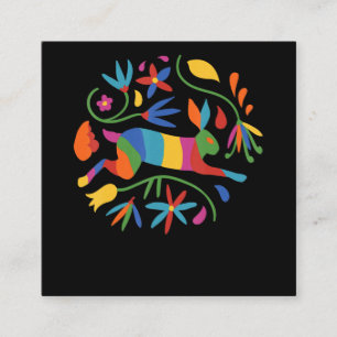 Colourful Mexican Otomi Hare & Flowers Square Business Card