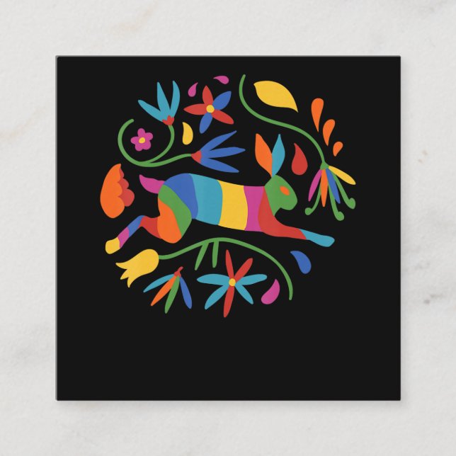 Colourful Mexican Otomi Hare & Flowers Square Business Card (Front)